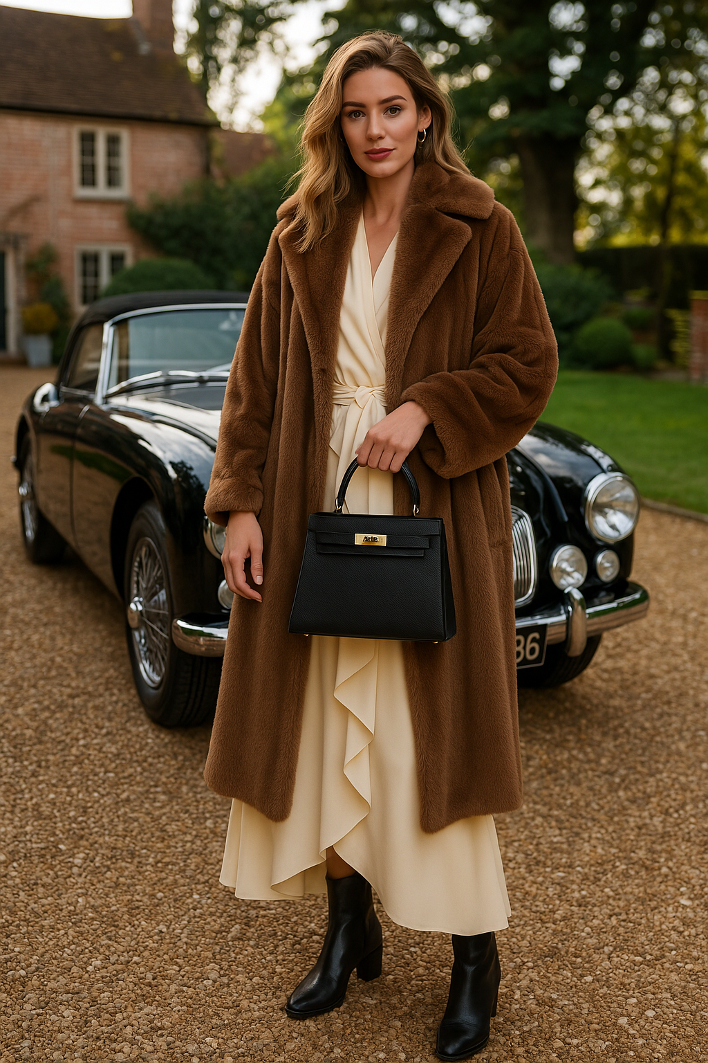 Een vrouw in een lange bruine bontjas, crèmekleurige jurk en zwarte laarzen staat op een oprit met grind en houdt de Galatea Elegante Zwarte Leren Handtas van Liora The Label vast, met een klassieke zwarte auto en bakstenen huis op de achtergrond.